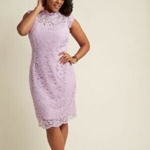 NWT ModCloth Liza Luxe Mock Neck Lace Sheath Dress Lavender Sz L Cocktail Office